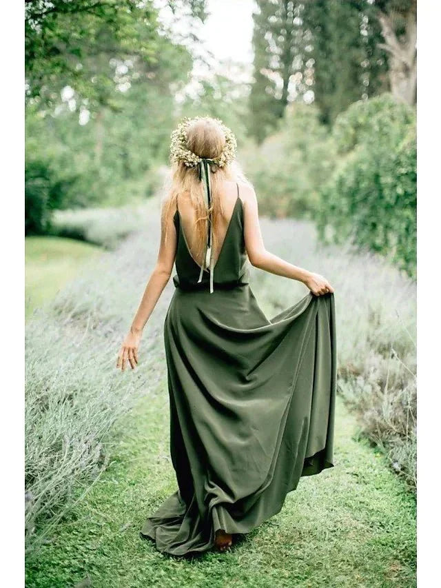 A-Line Bridesmaid Dress Plunging Neck Sleeveless Elegant Sweep / Brush Train Jersey with Criss Cross - luodilan