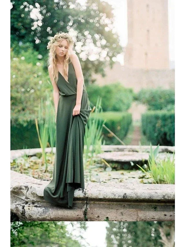 A-Line Bridesmaid Dress Plunging Neck Sleeveless Elegant Sweep / Brush Train Jersey with Criss Cross - luodilan
