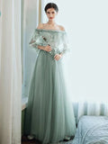 A-Line Bridesmaid Dress Spaghetti Strap / Off Shoulder Long Sleeve Elegant Floor Length Tulle with Ruffles / Appliques - luodilan