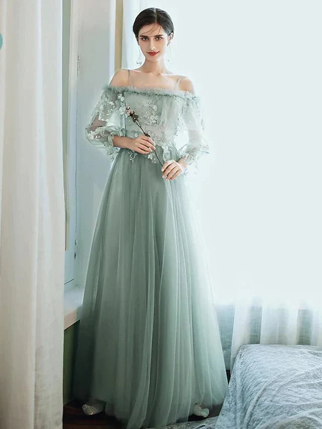 A-Line Bridesmaid Dress Spaghetti Strap / Off Shoulder Long Sleeve Elegant Floor Length Tulle with Ruffles / Appliques - luodilan