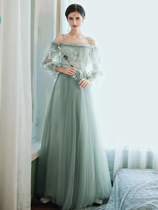 A-Line Bridesmaid Dress Spaghetti Strap / Off Shoulder Long Sleeve Elegant Floor Length Tulle with Ruffles / Appliques - luodilan