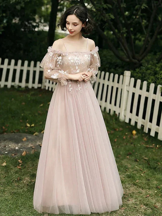 A-Line Bridesmaid Dress Spaghetti Strap / Off Shoulder Long Sleeve Elegant Floor Length Tulle with Ruffles / Appliques - luodilan