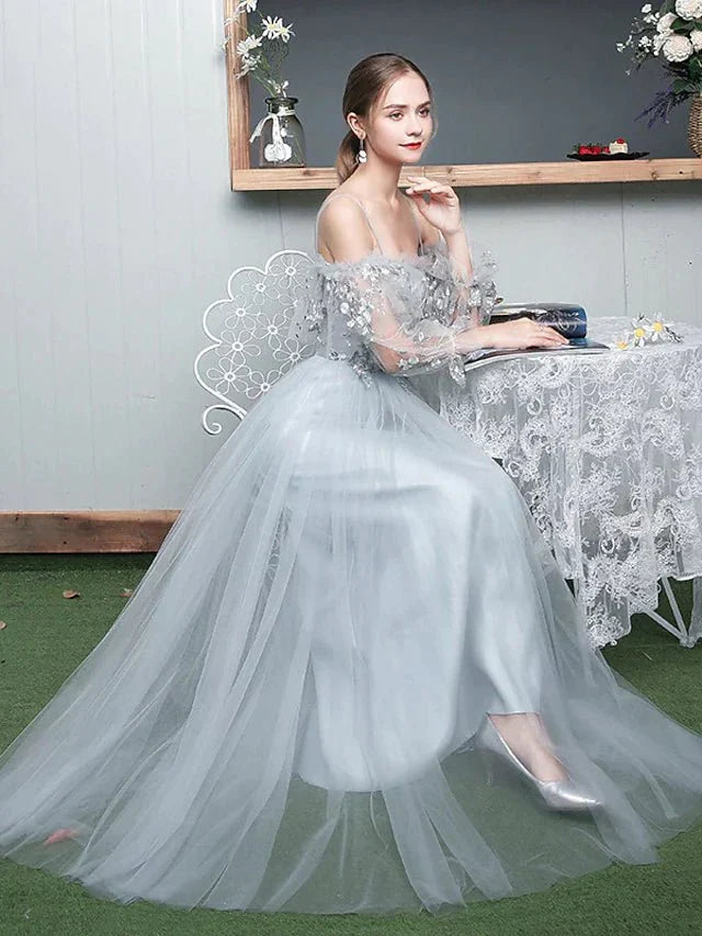 A-Line Bridesmaid Dress Spaghetti Strap / Off Shoulder Long Sleeve Elegant Floor Length Tulle with Ruffles / Appliques - luodilan