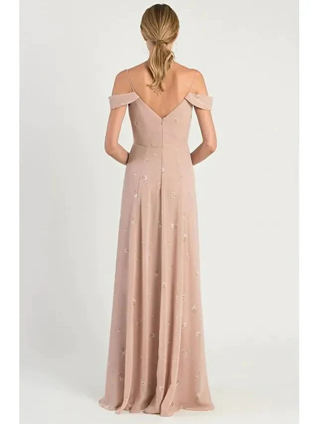 A-Line Bridesmaid Dress Spaghetti Strap Short Sleeve Open Back Sweep / Brush Train Chiffon with Pattern / Print / Split Front - luodilan