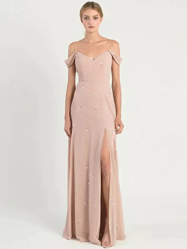 A-Line Bridesmaid Dress Spaghetti Strap Short Sleeve Open Back Sweep / Brush Train Chiffon with Pattern / Print / Split Front - luodilan