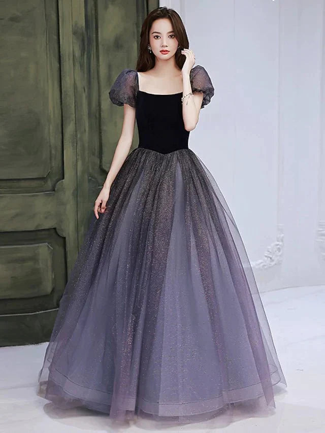 A-Line Bridesmaid Dress Square Neck Short Sleeve Elegant Floor Length Tulle with Pleats / Sequin - luodilan