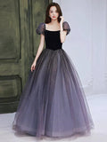 A-Line Bridesmaid Dress Square Neck Short Sleeve Elegant Floor Length Tulle with Pleats / Sequin - luodilan