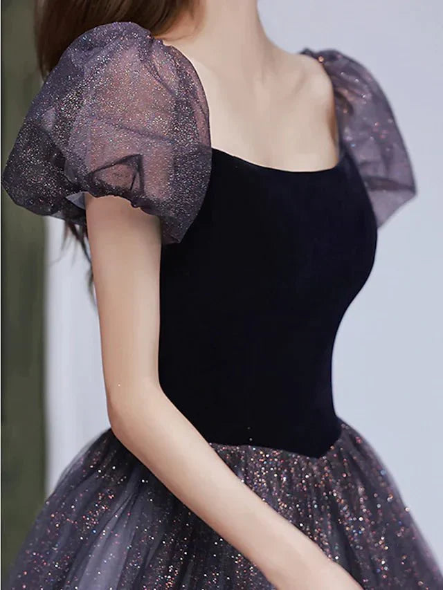A-Line Bridesmaid Dress Square Neck Short Sleeve Elegant Floor Length Tulle with Pleats / Sequin - luodilan