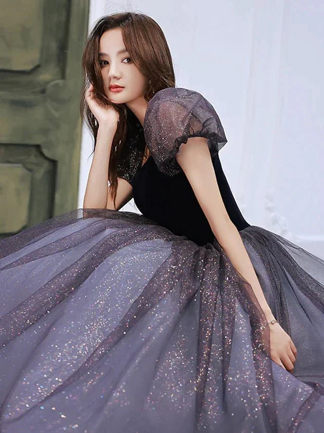 A-Line Bridesmaid Dress Square Neck Short Sleeve Elegant Floor Length Tulle with Pleats / Sequin - luodilan