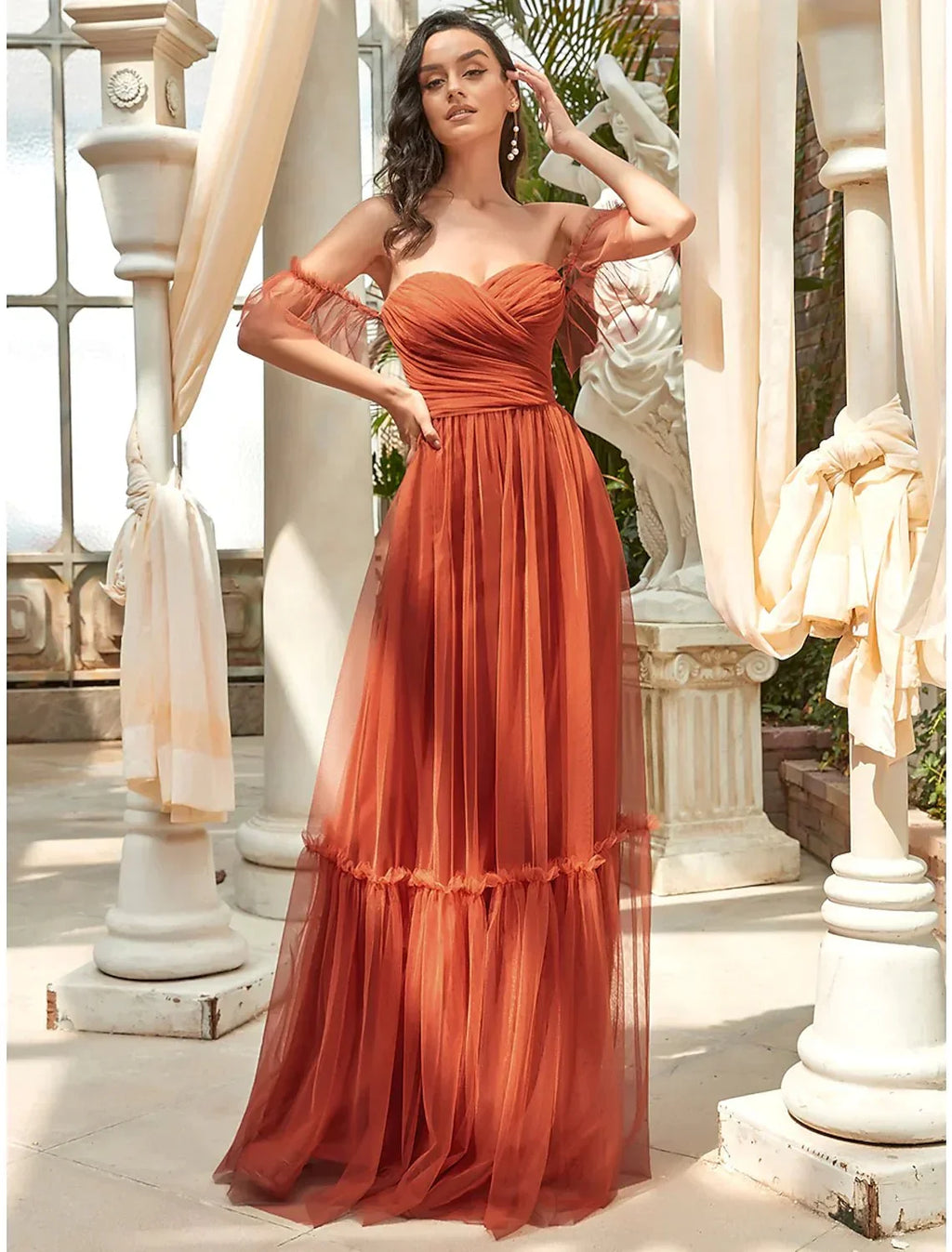 A-Line Bridesmaid Dress Strapless Short Sleeve Elegant Floor Length Tulle with Ruffles - luodilan