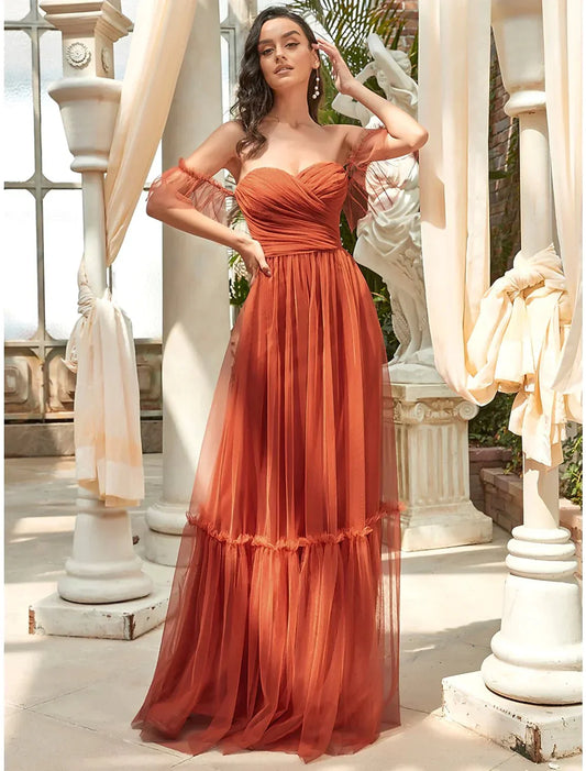 A-Line Bridesmaid Dress Strapless Short Sleeve Elegant Floor Length Tulle with Ruffles - luodilan