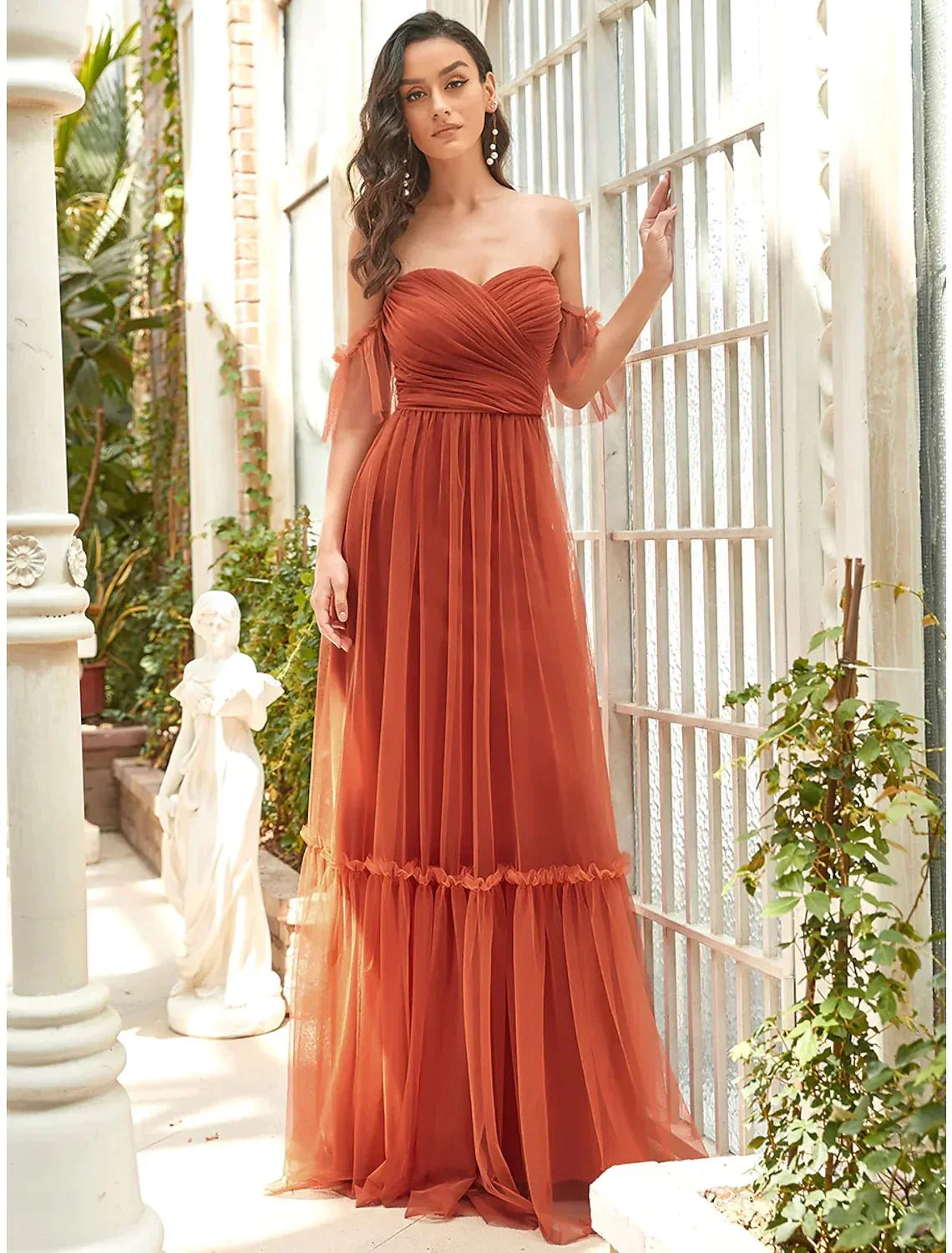 A-Line Bridesmaid Dress Strapless Short Sleeve Elegant Floor Length Tulle with Ruffles - luodilan