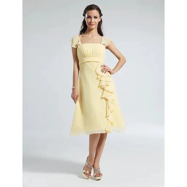 A-Line Bridesmaid Dress Straps Short Sleeve Elegant Knee Length Chiffon with Ruffles / Draping - luolandi