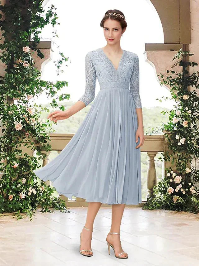 A-Line Bridesmaid Dress V Neck 3/4 Length Sleeve Elegant Tea Length Chiffon / Lace with Pleats - luodilan