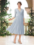 A-Line Bridesmaid Dress V Neck 3/4 Length Sleeve Elegant Tea Length Chiffon / Lace with Pleats - luodilan