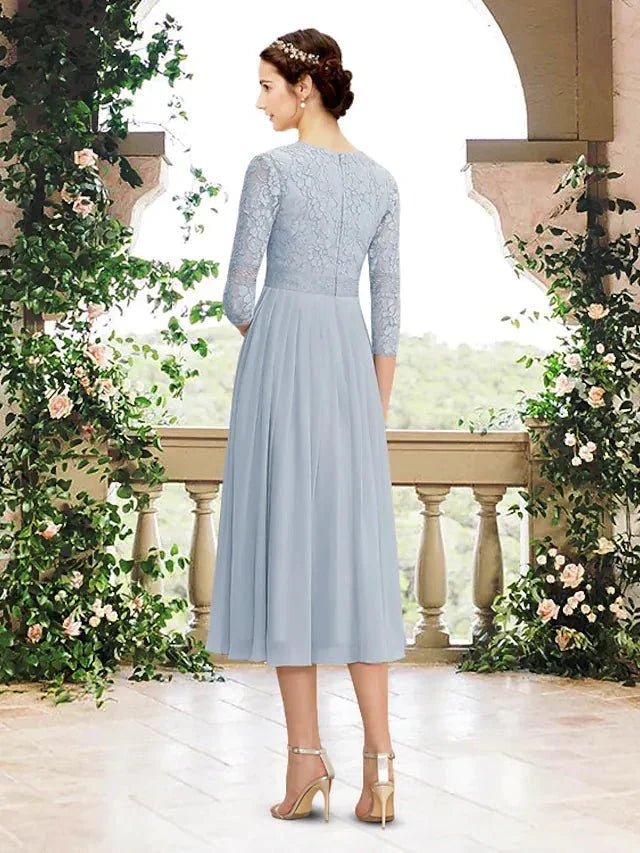 A-Line Bridesmaid Dress V Neck 3/4 Length Sleeve Elegant Tea Length Chiffon / Lace with Pleats - luodilan