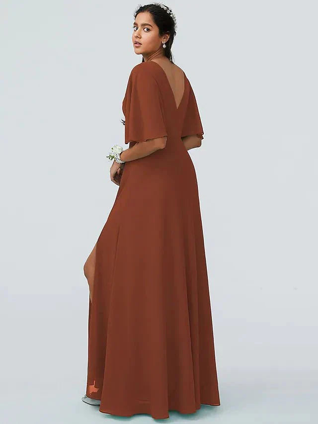 A-Line Bridesmaid Dress V Neck Short Sleeve Elegant Floor Length Chiffon with Split Front - luolandi
