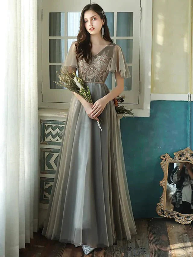A-Line Bridesmaid Dress V Neck Short Sleeve Elegant Floor Length Tulle with Beading / Sequin - luodilan