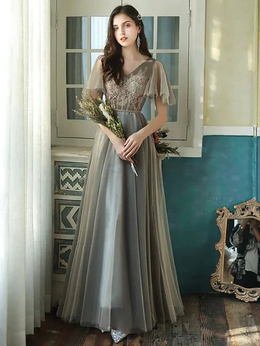 A-Line Bridesmaid Dress V Neck Short Sleeve Elegant Floor Length Tulle with Beading / Sequin - luodilan