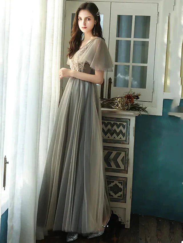 A-Line Bridesmaid Dress V Neck Short Sleeve Elegant Floor Length Tulle with Beading / Sequin - luodilan