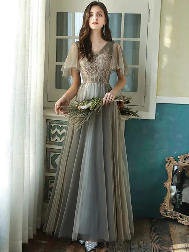 A-Line Bridesmaid Dress V Neck Short Sleeve Elegant Floor Length Tulle with Beading / Sequin - luodilan