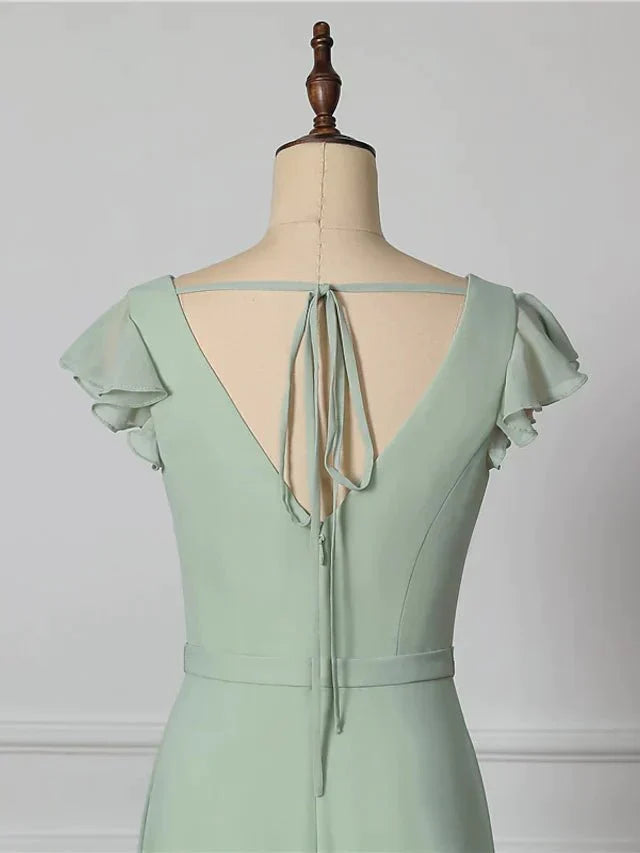 A-Line Bridesmaid Dress V Neck Short Sleeve Open Back Floor Length Chiffon with Draping - luodilan