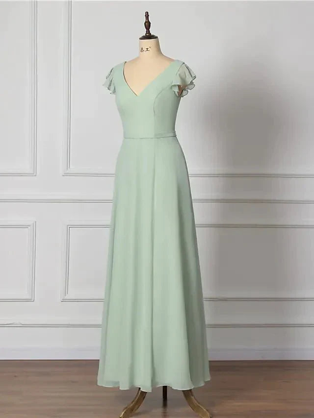 A-Line Bridesmaid Dress V Neck Short Sleeve Open Back Floor Length Chiffon with Draping - luodilan
