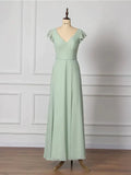 A-Line Bridesmaid Dress V Neck Short Sleeve Open Back Floor Length Chiffon with Draping - luodilan