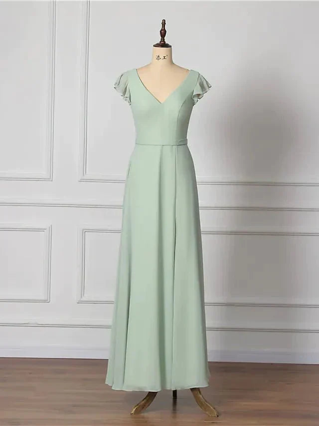 A-Line Bridesmaid Dress V Neck Short Sleeve Open Back Floor Length Chiffon with Draping - luodilan