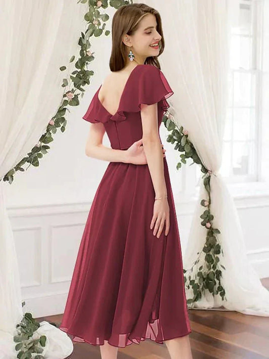 A-Line Bridesmaid Dress V Neck Sleeveless Beautiful Back Knee Length Chiffon with Ruching - luolandi