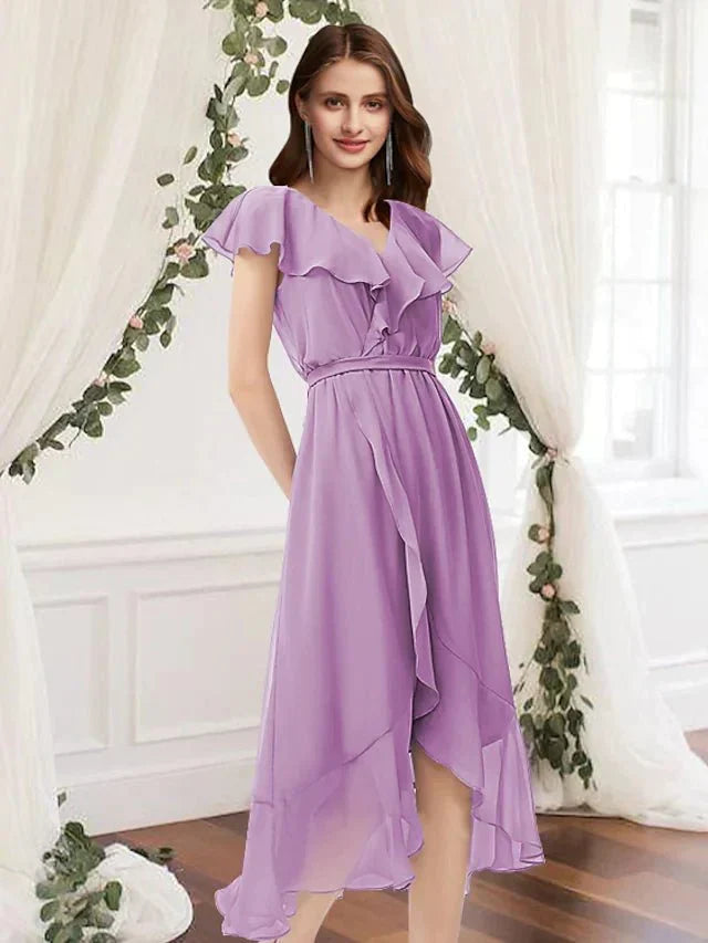 A-Line Bridesmaid Dress V Neck Sleeveless Elegant Asymmetrical Chiffon with Pleats / Ruffles - luodilan