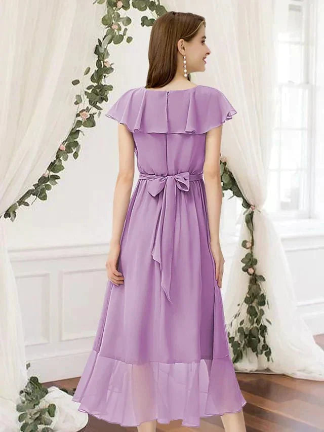 A-Line Bridesmaid Dress V Neck Sleeveless Elegant Asymmetrical Chiffon with Pleats / Ruffles - luodilan
