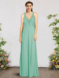 A-Line Bridesmaid Dress V Neck Sleeveless Elegant Floor Length Chiffon / Lace with Pleats - luodilan