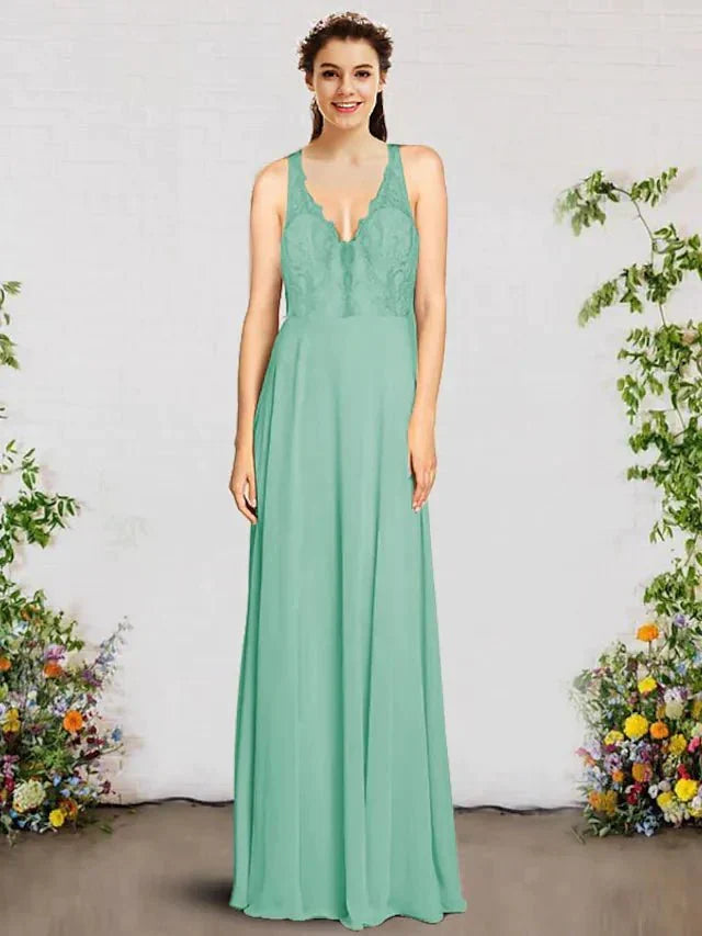 A-Line Bridesmaid Dress V Neck Sleeveless Elegant Floor Length Chiffon / Lace with Pleats - luodilan