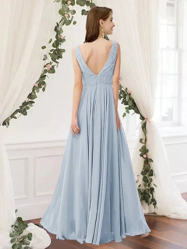 A-Line Bridesmaid Dress V Neck Sleeveless Elegant Floor Length Chiffon / Lace with Pleats - luodilan