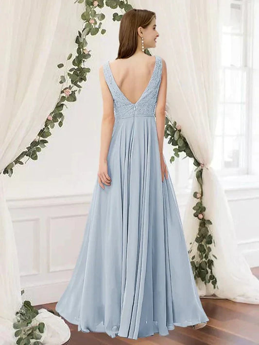 A-Line Bridesmaid Dress V Neck Sleeveless Elegant Floor Length Chiffon / Lace with Pleats - luodilan