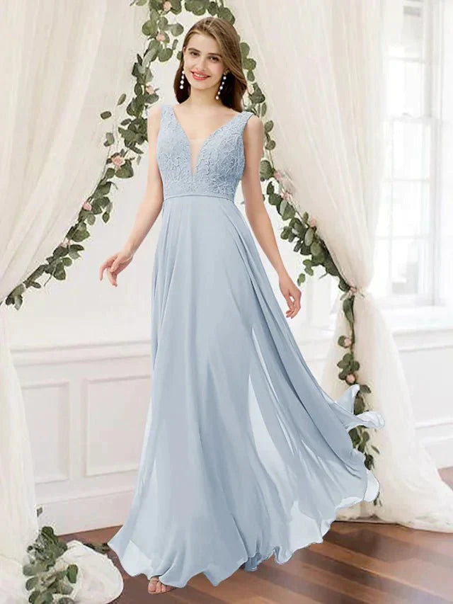 A-Line Bridesmaid Dress V Neck Sleeveless Elegant Floor Length Chiffon / Lace with Pleats - luodilan