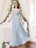 A-Line Bridesmaid Dress V Neck Sleeveless Elegant Floor Length Chiffon / Lace with Pleats - luodilan