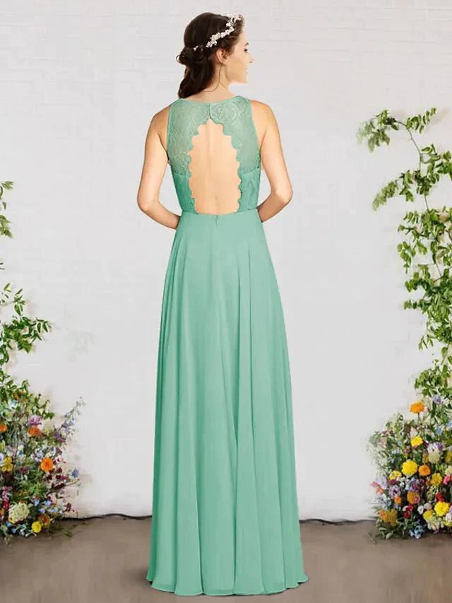 A-Line Bridesmaid Dress V Neck Sleeveless Elegant Floor Length Chiffon / Lace with Pleats - luodilan