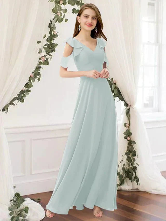A-Line Bridesmaid Dress V Neck Sleeveless Elegant Floor Length Chiffon with Pleats / Ruffles - luodilan