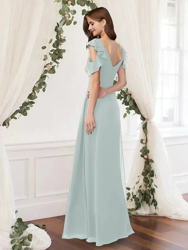 A-Line Bridesmaid Dress V Neck Sleeveless Elegant Floor Length Chiffon with Pleats / Ruffles - luodilan