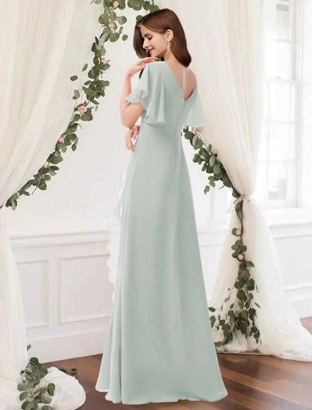 A-Line Bridesmaid Dress V Neck Sleeveless Elegant Floor Length Chiffon with Ruffles / Split Front - luodilan