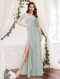 A-Line Bridesmaid Dress V Neck Sleeveless Elegant Floor Length Chiffon with Ruffles / Split Front - luodilan