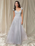 A-Line Bridesmaid Dress V Neck Sleeveless Elegant Floor Length Lace / Tulle with Pleats / Appliques - luodilan