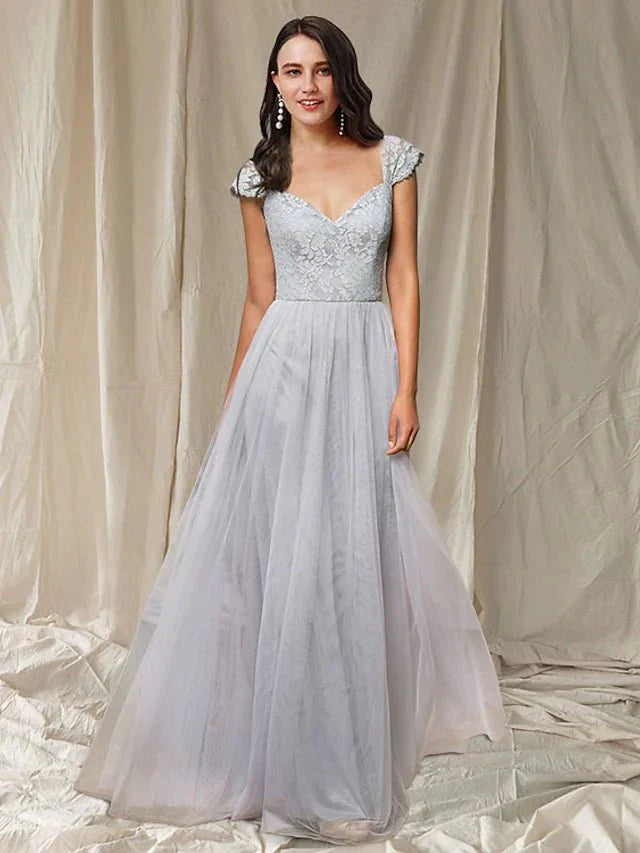 A-Line Bridesmaid Dress V Neck Sleeveless Elegant Floor Length Lace / Tulle with Pleats / Appliques - luodilan