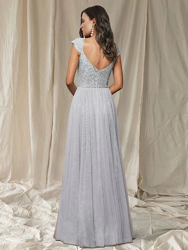 A-Line Bridesmaid Dress V Neck Sleeveless Elegant Floor Length Lace / Tulle with Pleats / Appliques - luodilan