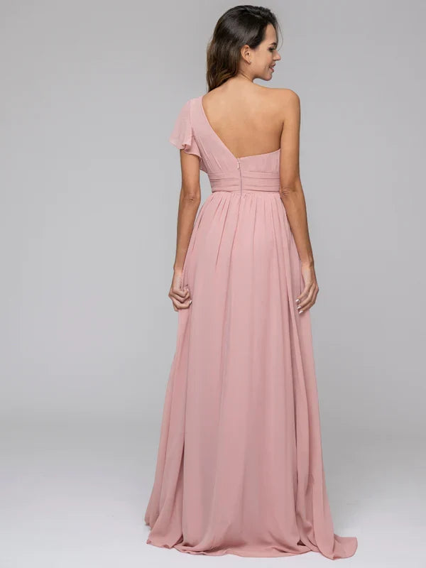 A Line One Shoulder Flutter Sleeve Bridesmaid Dresses