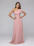 A Line One Shoulder Flutter Sleeve Bridesmaid Dresses
