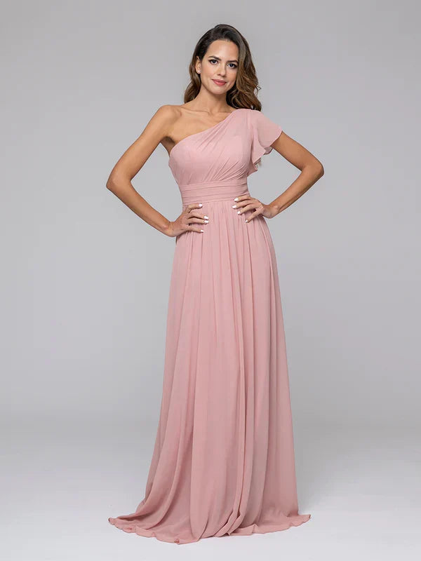 A Line One Shoulder Flutter Sleeve Bridesmaid Dresses