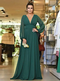 A-Line Plunging Neck Floor Length Chiffon Bridesmaid Dress with Pleats - luolandi